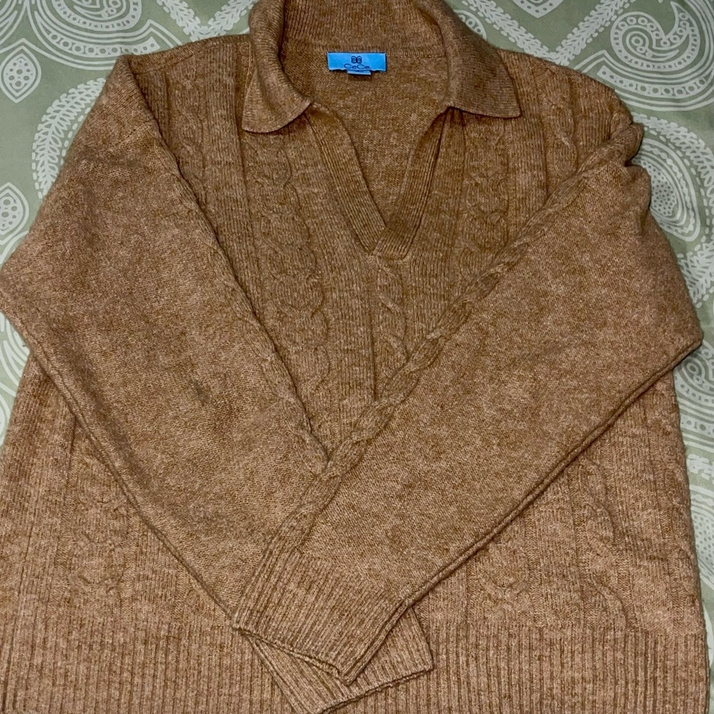 CeCe V-Neck Cable Sweater - Tan - Picture 3 of 8